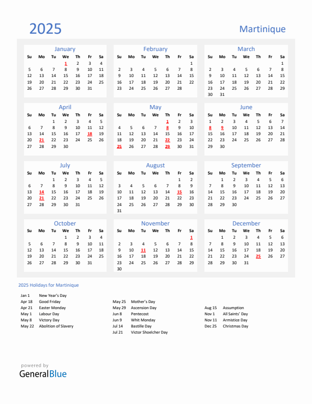 Basic Yearly Calendar with Holidays in Martinique for 2025 