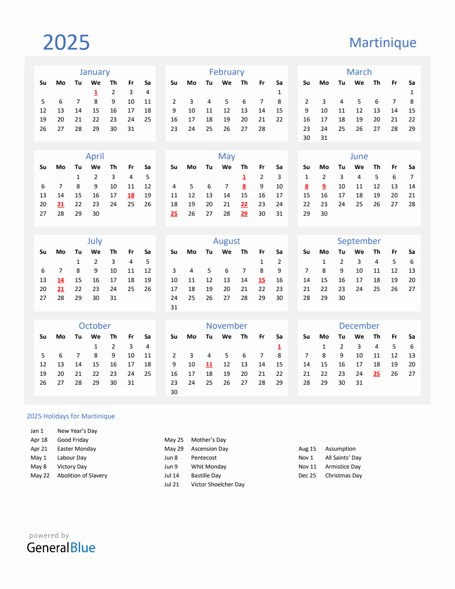 Calendrier Martinique 2025 