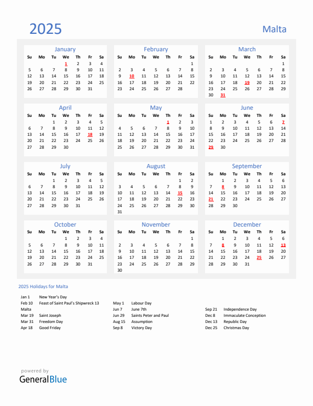 Basic Yearly Calendar with Holidays in Malta for 2025 