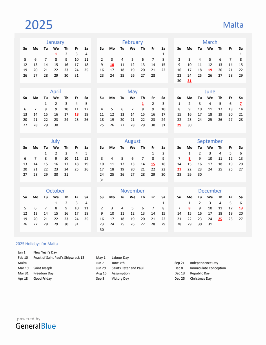 Calendar 2025 Malta Printable