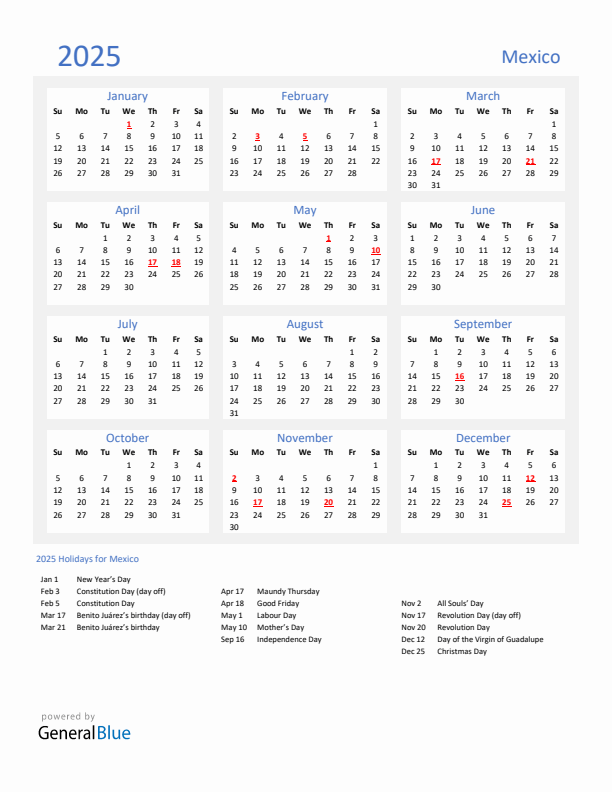 Basic Yearly Calendar with Holidays in Mexico for 2025 