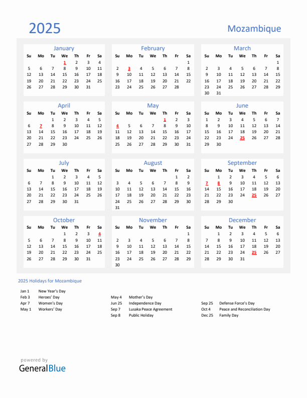 Basic Yearly Calendar with Holidays in Mozambique for 2025 
