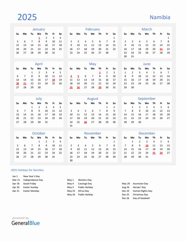 Basic Yearly Calendar with Holidays in Namibia for 2025 