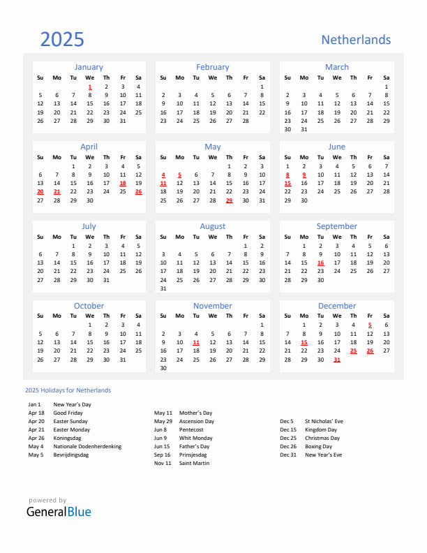 Basic Yearly Calendar with Holidays in The Netherlands for 2025 