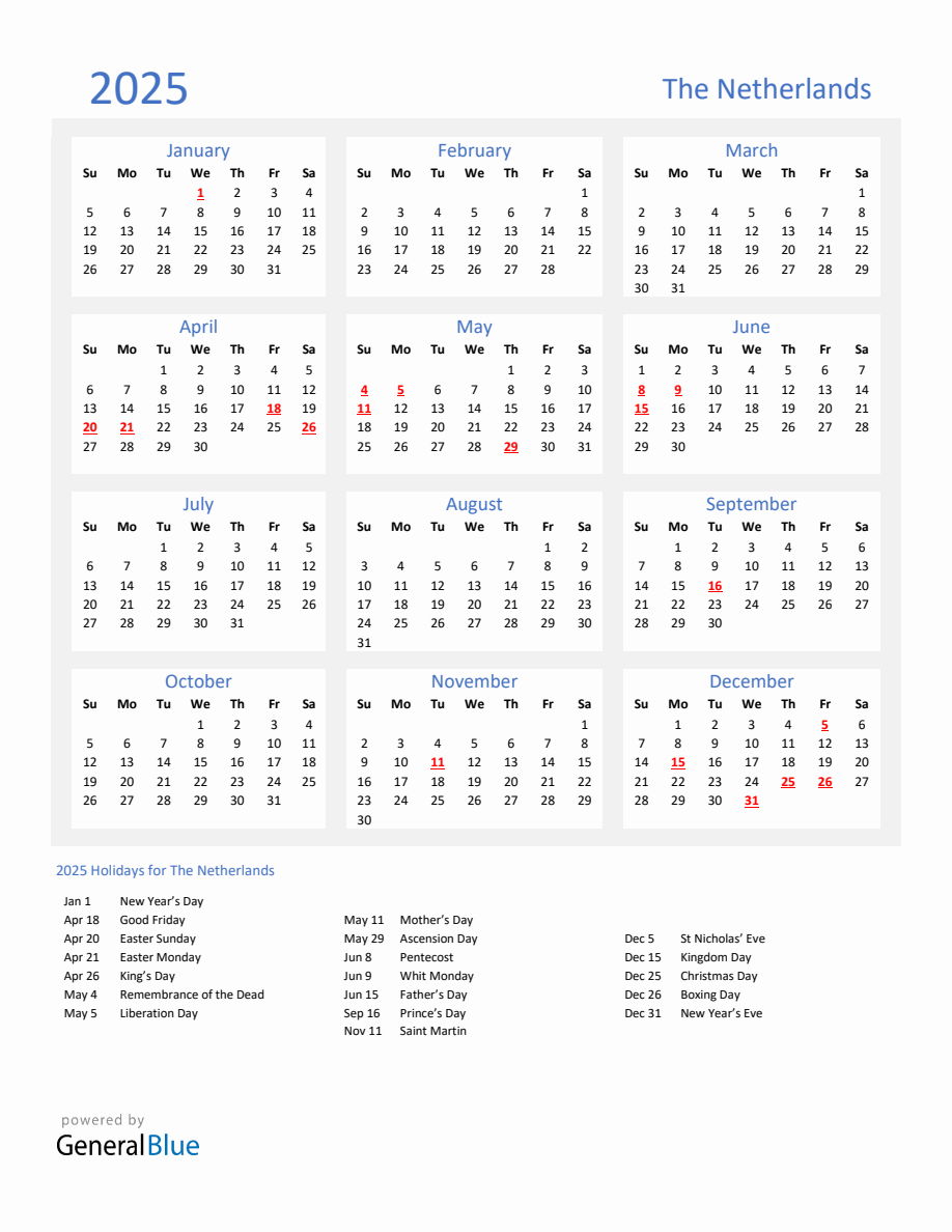 2025 Calendar Basic With Holidays Portrait Sunday Start En Nl 918x1188 