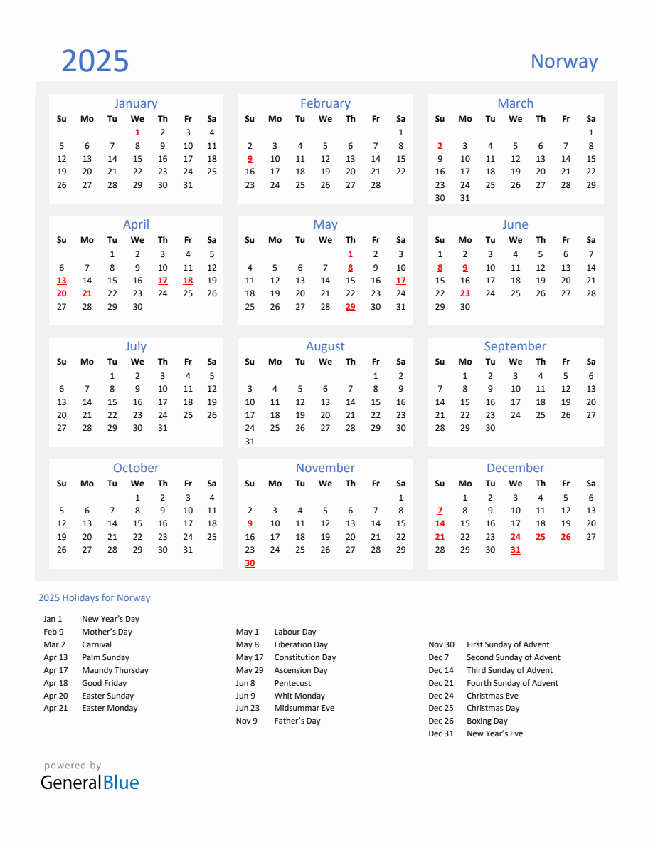 Basic Yearly Calendar with Holidays in Norway for 2025