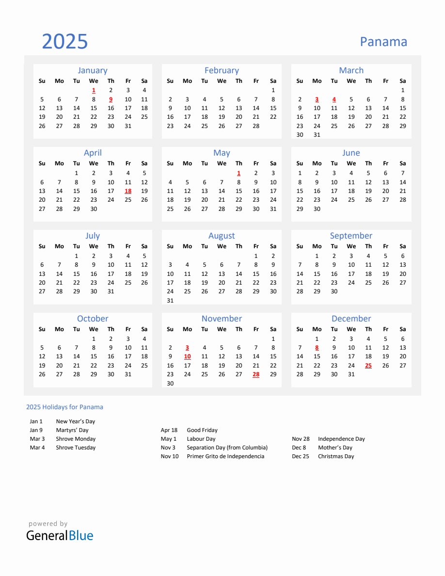 Basic Yearly Calendar with Holidays in Panama for 2025