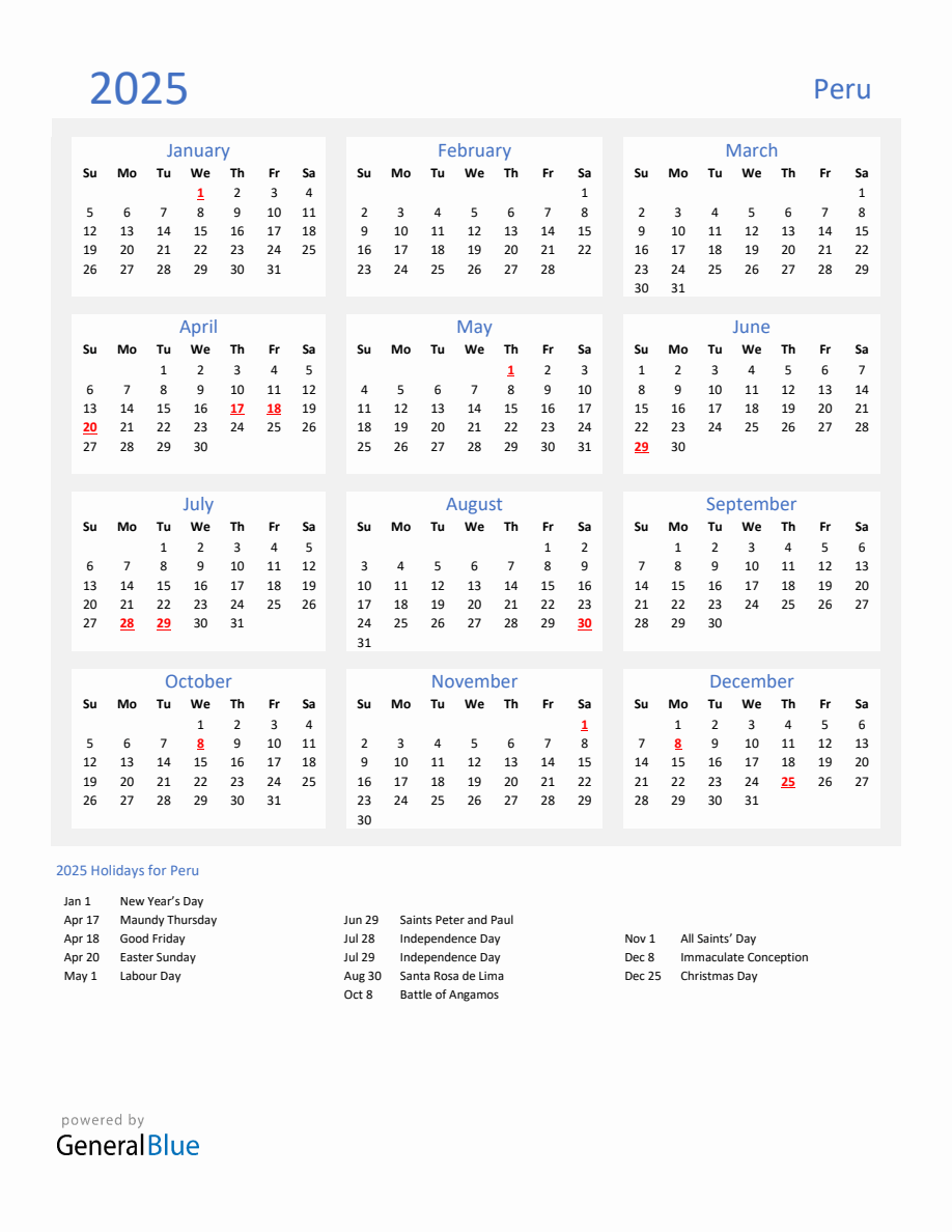 Basic Yearly Calendar with Holidays in Peru for 2025
