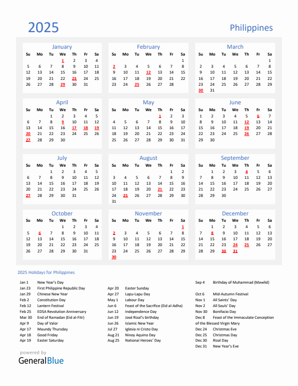 Basic Yearly Calendar with Holidays in Philippines for 2025 