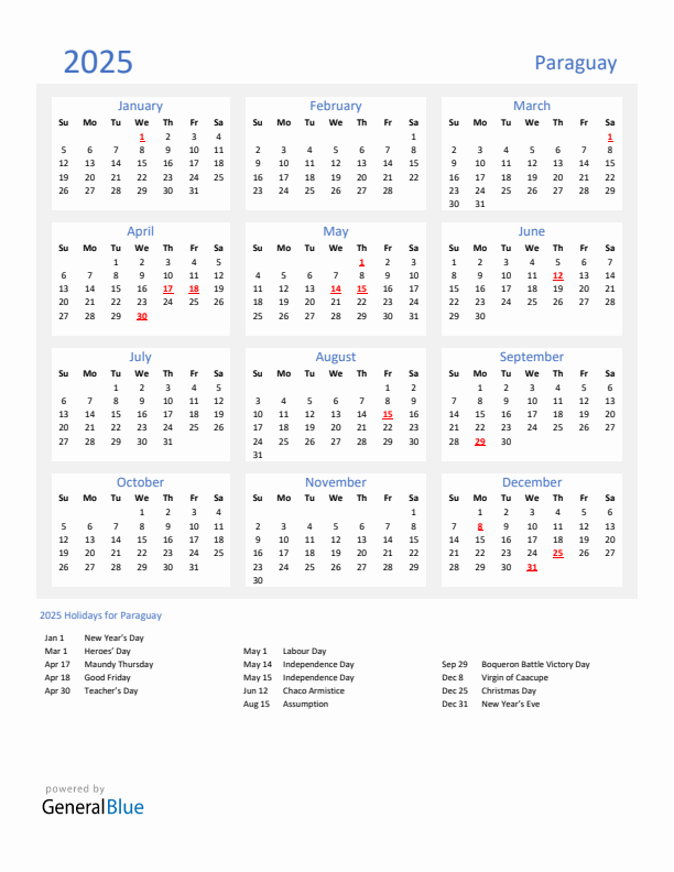 Basic Yearly Calendar with Holidays in Paraguay for 2025 