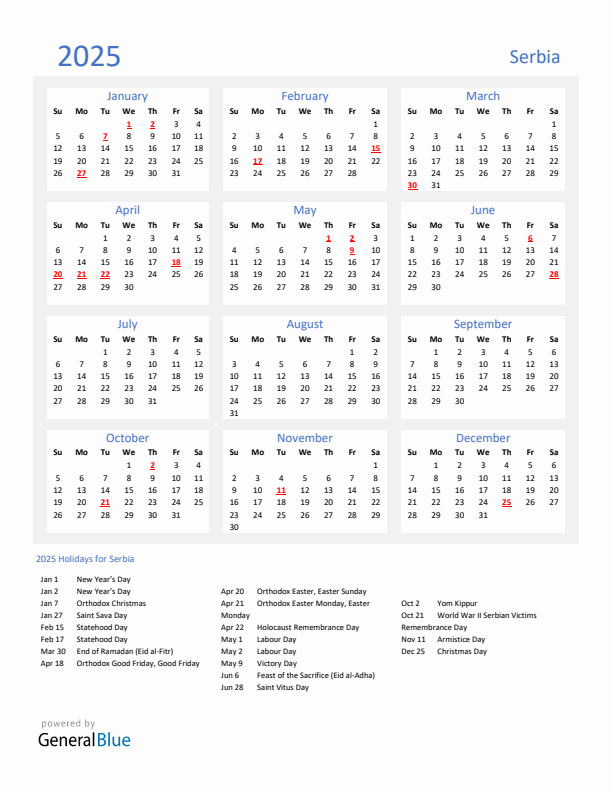 Basic Yearly Calendar with Holidays in Serbia for 2025 