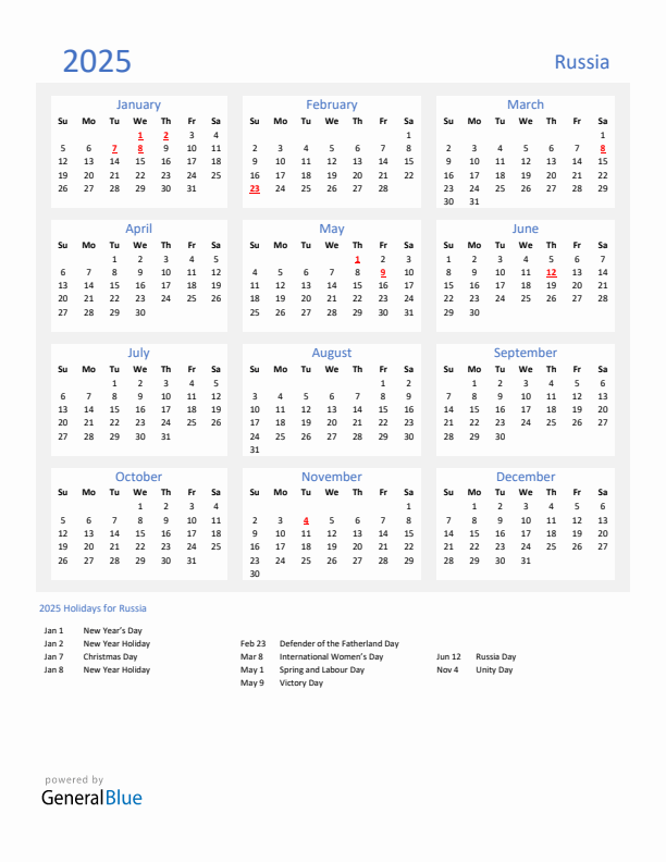 Basic Yearly Calendar with Holidays in Russia for 2025 