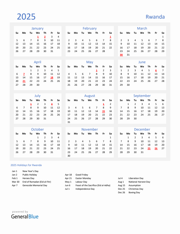 Basic Yearly Calendar with Holidays in Rwanda for 2025 