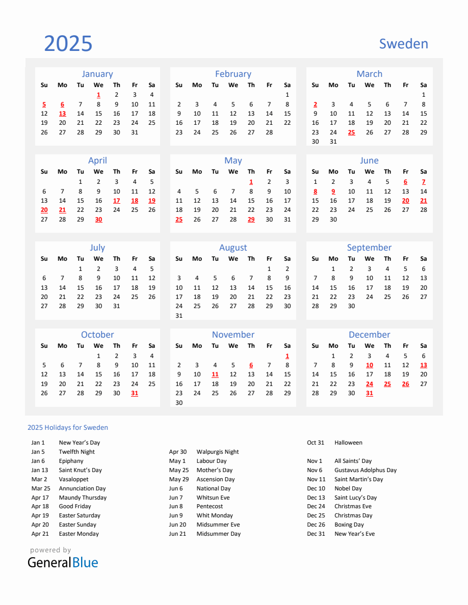 Basic Yearly Calendar with Holidays in Sweden for 2025