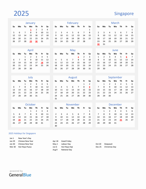 Basic Yearly Calendar with Holidays in Singapore for 2025 