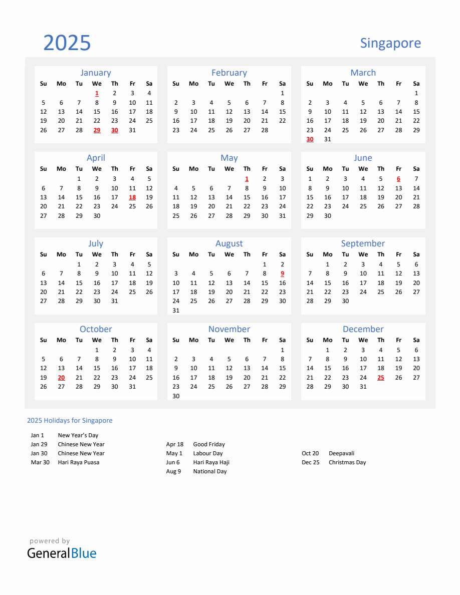 Basic Yearly Calendar with Holidays in Singapore for 2025