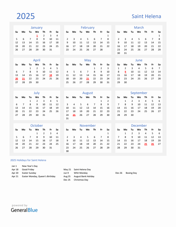Basic Yearly Calendar with Holidays in Saint Helena for 2025 