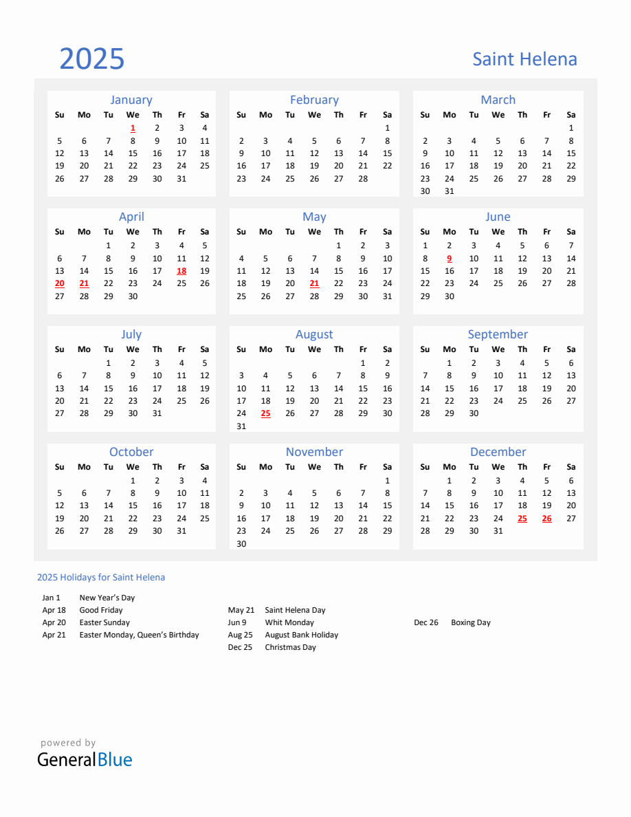 Basic Yearly Calendar with Holidays in Saint Helena for 2025