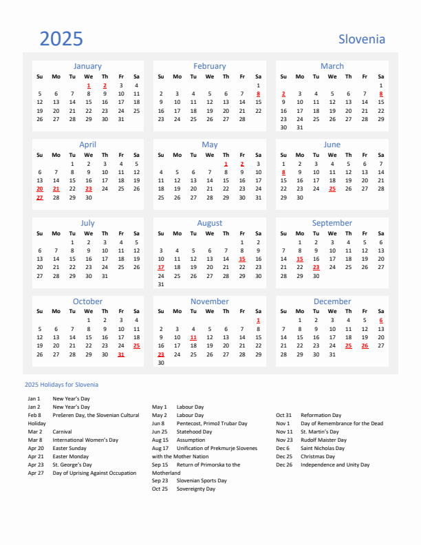 Basic Yearly Calendar with Holidays in Slovenia for 2025 