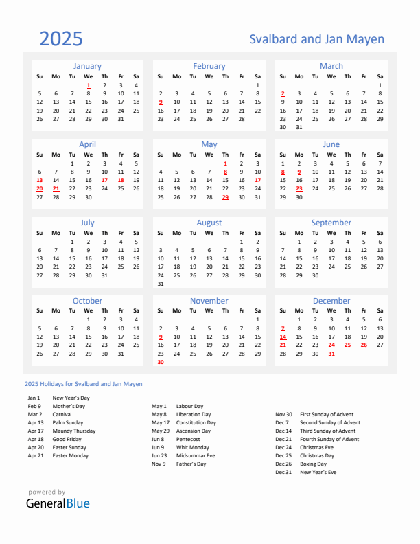 Basic Yearly Calendar with Holidays in Svalbard and Jan Mayen for 2025 