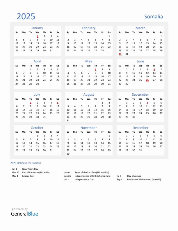 Basic Yearly Calendar with Holidays in Somalia for 2025 