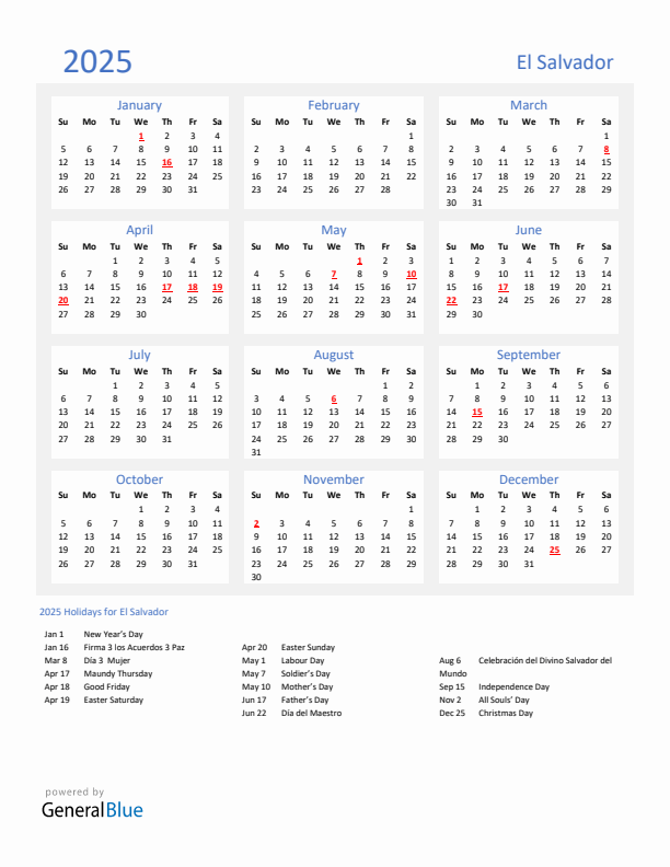 Basic Yearly Calendar with Holidays in El Salvador for 2025 