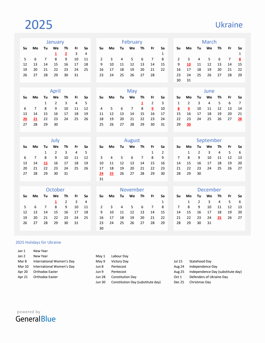 Basic Yearly Calendar with Holidays in Ukraine for 2025