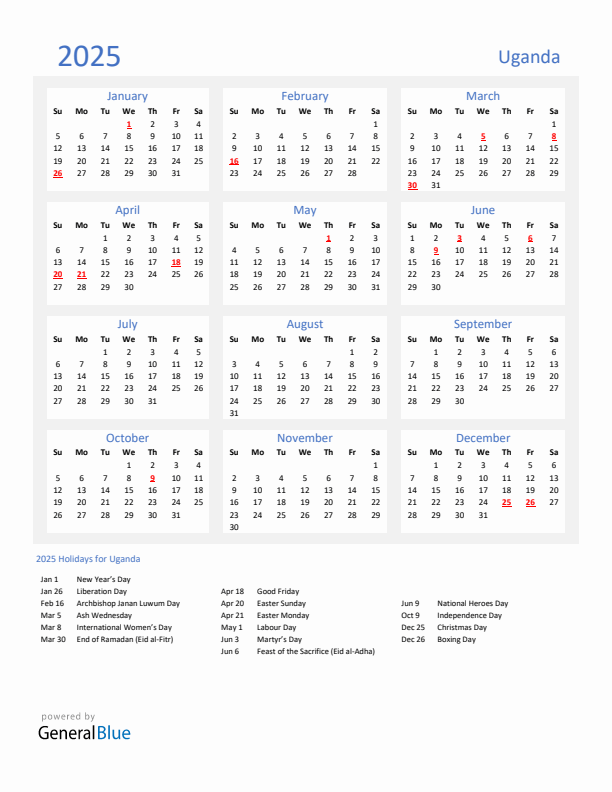 Basic Yearly Calendar with Holidays in Uganda for 2025 
