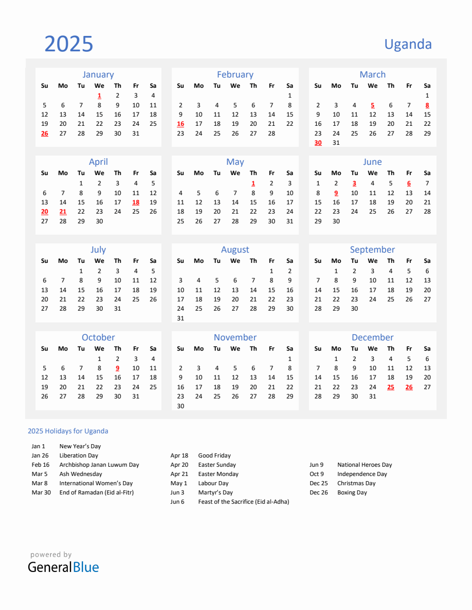 Basic Yearly Calendar with Holidays in Uganda for 2025