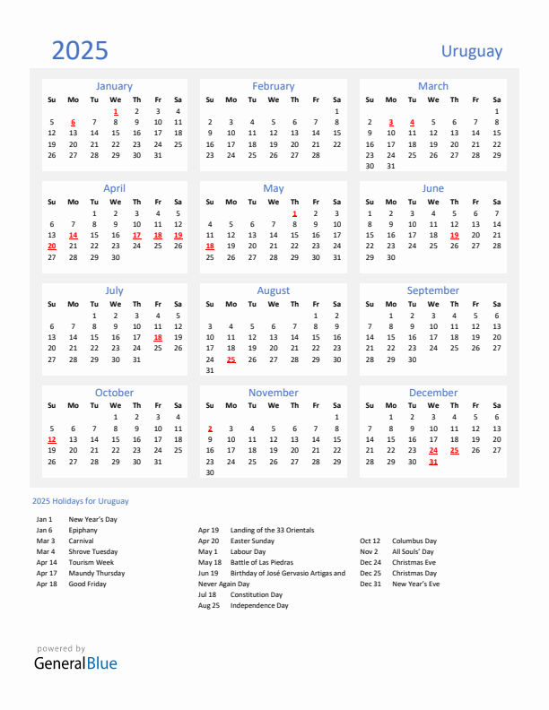 Basic Yearly Calendar with Holidays in Uruguay for 2025 