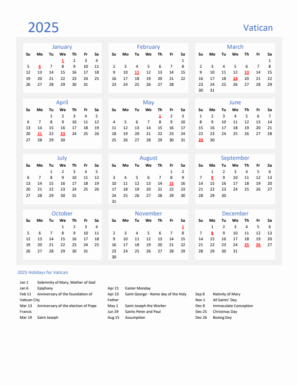 Basic Yearly Calendar with Holidays in Vatican for 2025 