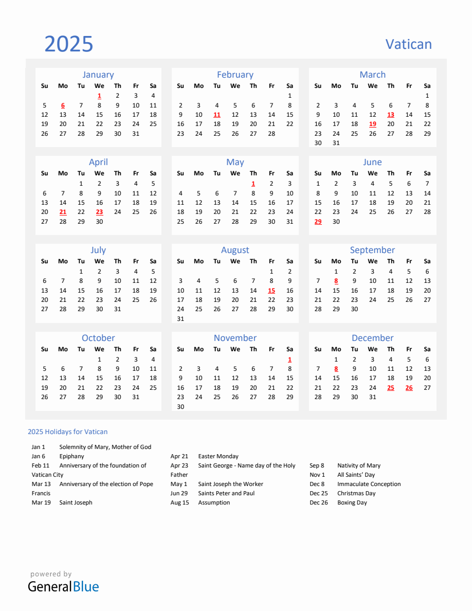 Basic Yearly Calendar with Holidays in Vatican for 2025