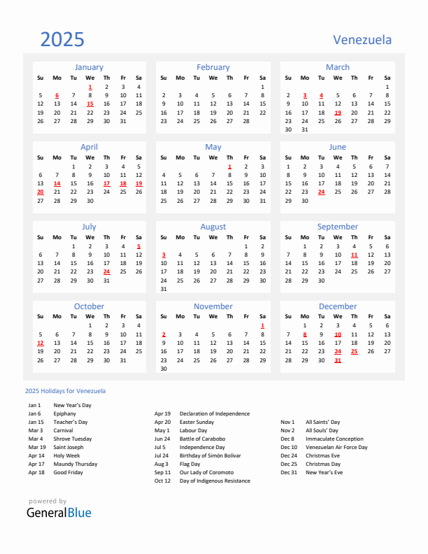 Basic Yearly Calendar with Holidays in Venezuela for 2025 