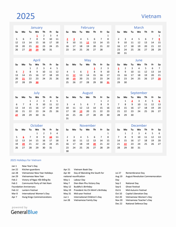 Basic Yearly Calendar with Holidays in Vietnam for 2025 