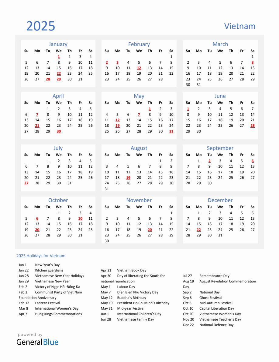 Basic Yearly Calendar with Holidays in Vietnam for 2025