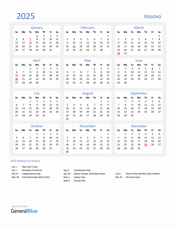 Basic Yearly Calendar with Holidays in Kosovo for 2025 
