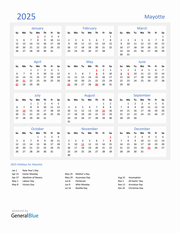 Basic Yearly Calendar with Holidays in Mayotte for 2025 