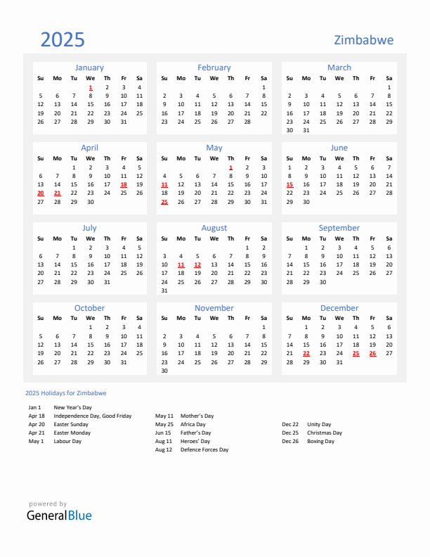 Basic Yearly Calendar with Holidays in Zimbabwe for 2025 