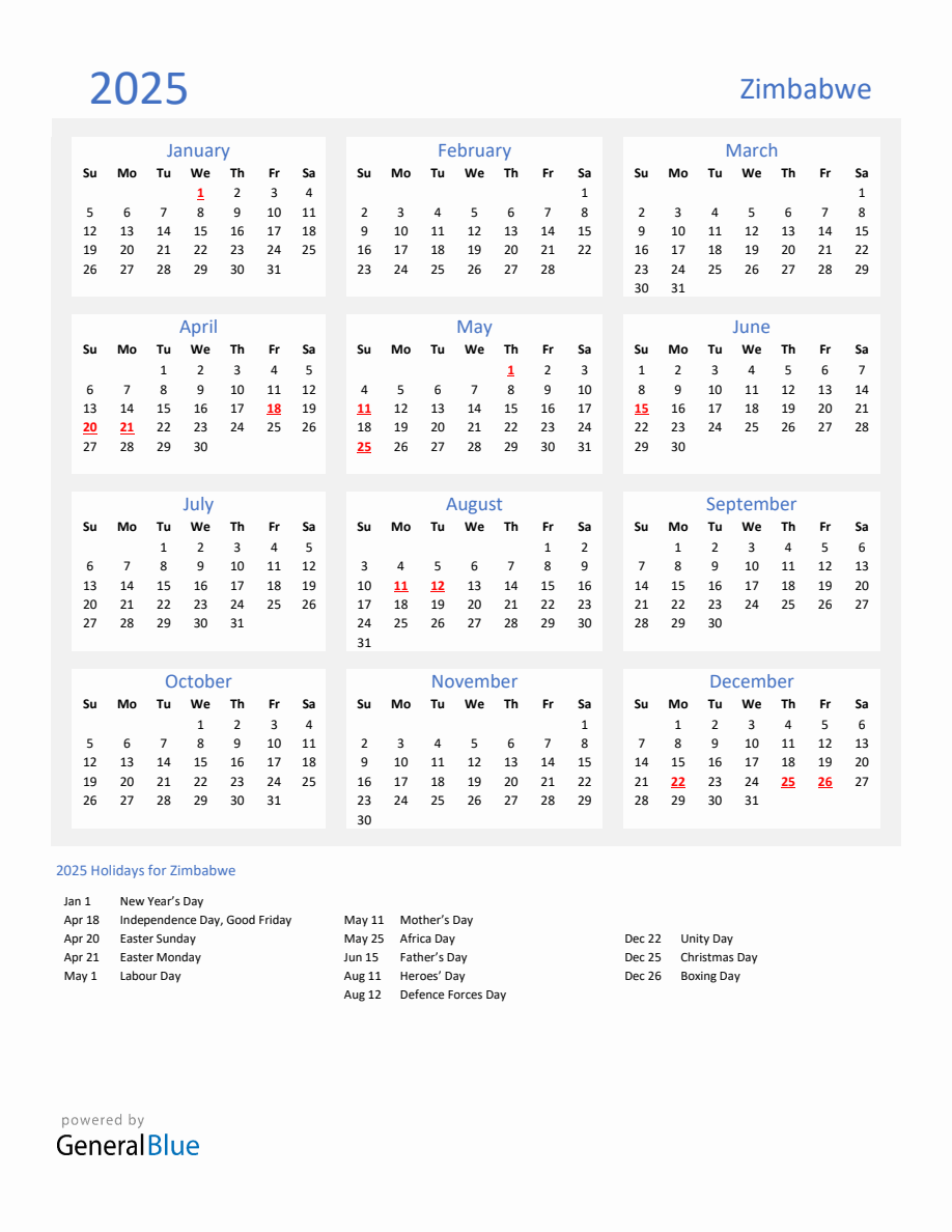 Basic Yearly Calendar with Holidays in Zimbabwe for 2025