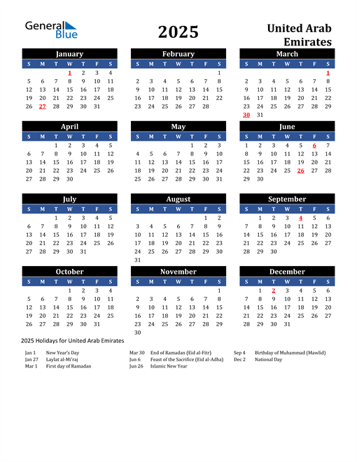 2025 United Arab Emirates Calendar with Holidays