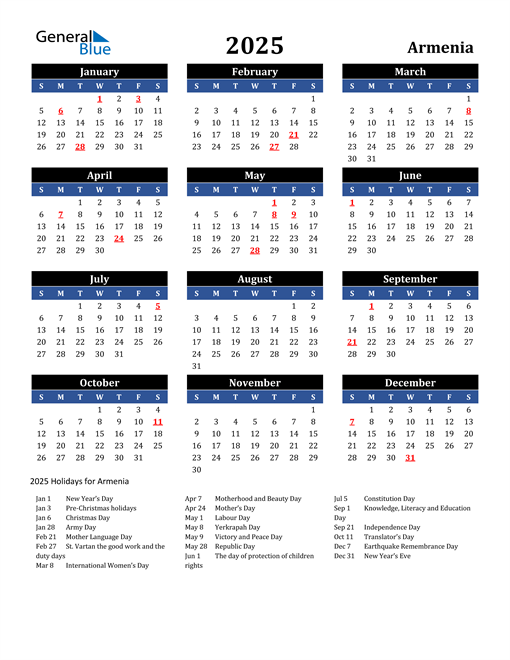 2025 Armenia Free Calendar