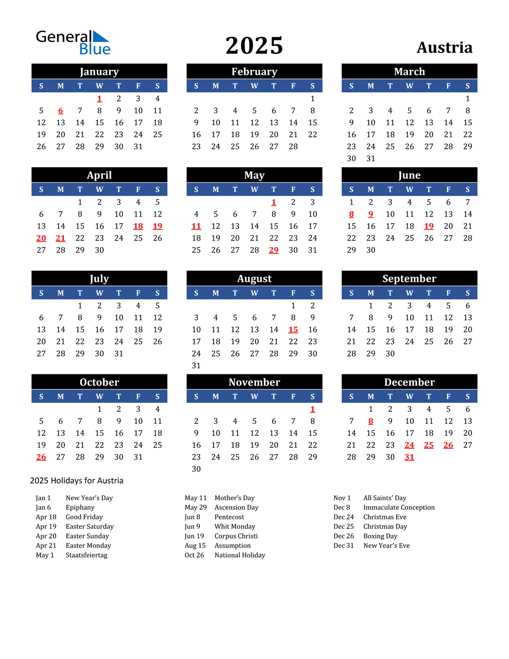 2025 Austria Calendar with Holidays