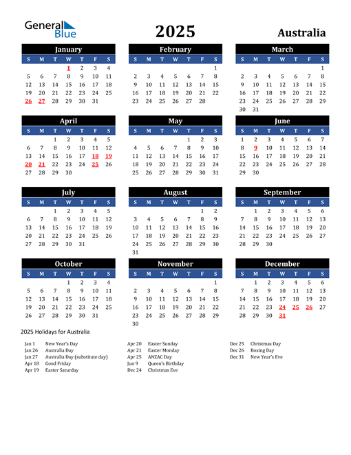 2025 Australia Calendar with Holidays