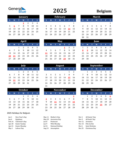 2025 Belgium Calendar with Holidays