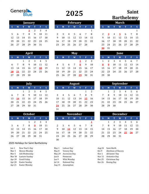 2025 Saint Barthelemy Free Calendar