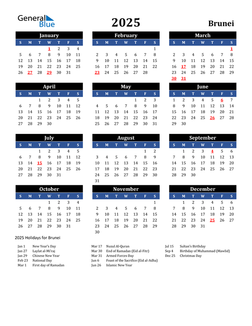 2025 Brunei Calendar with Holidays