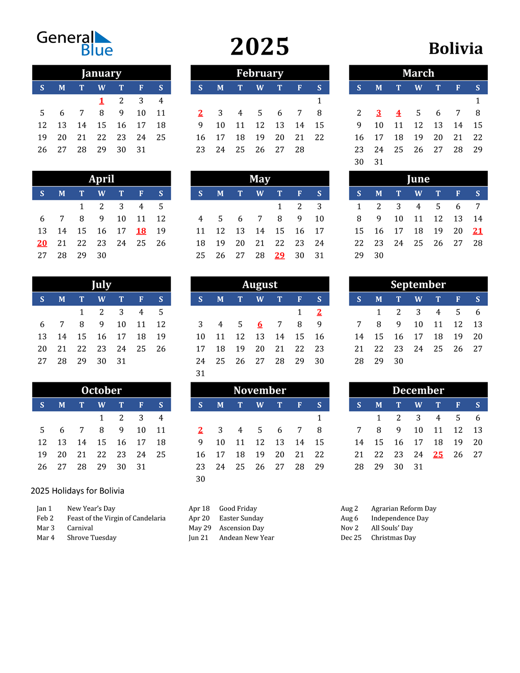 2025 Bolivia Calendar with Holidays