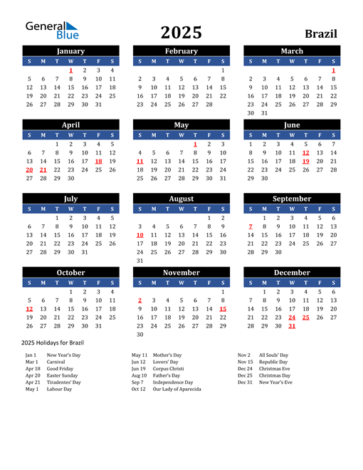 2025 Brazil Calendar with Holidays