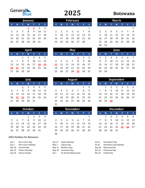 2025 Botswana Calendar with Holidays