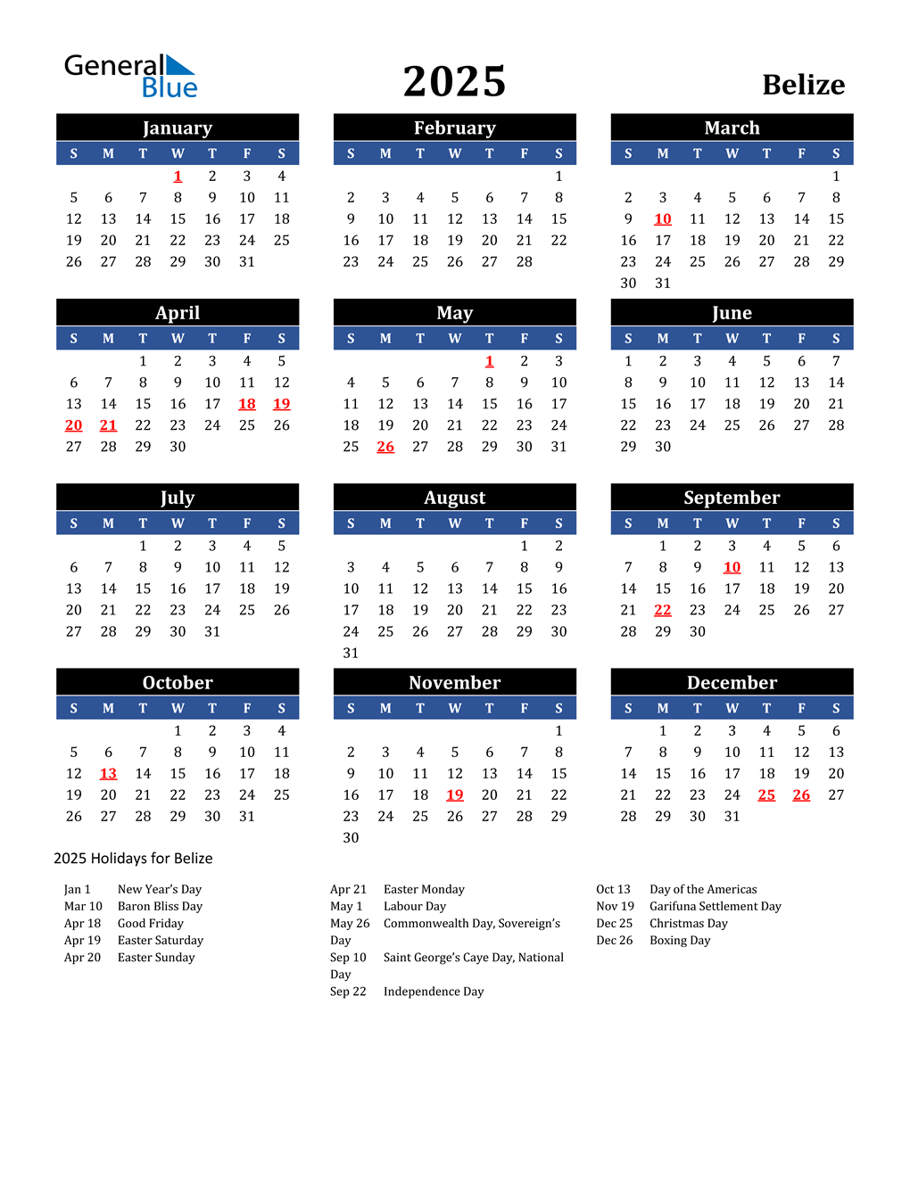 2025 Belize Calendar with Holidays